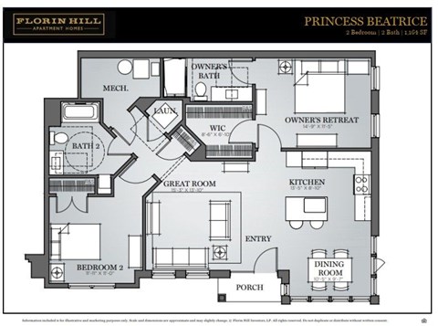 Floor plan for 2 beds, 2 baths, 1283 sqft